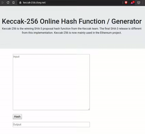 Gif showing how the hash of a block is calculated using an online hash calculator